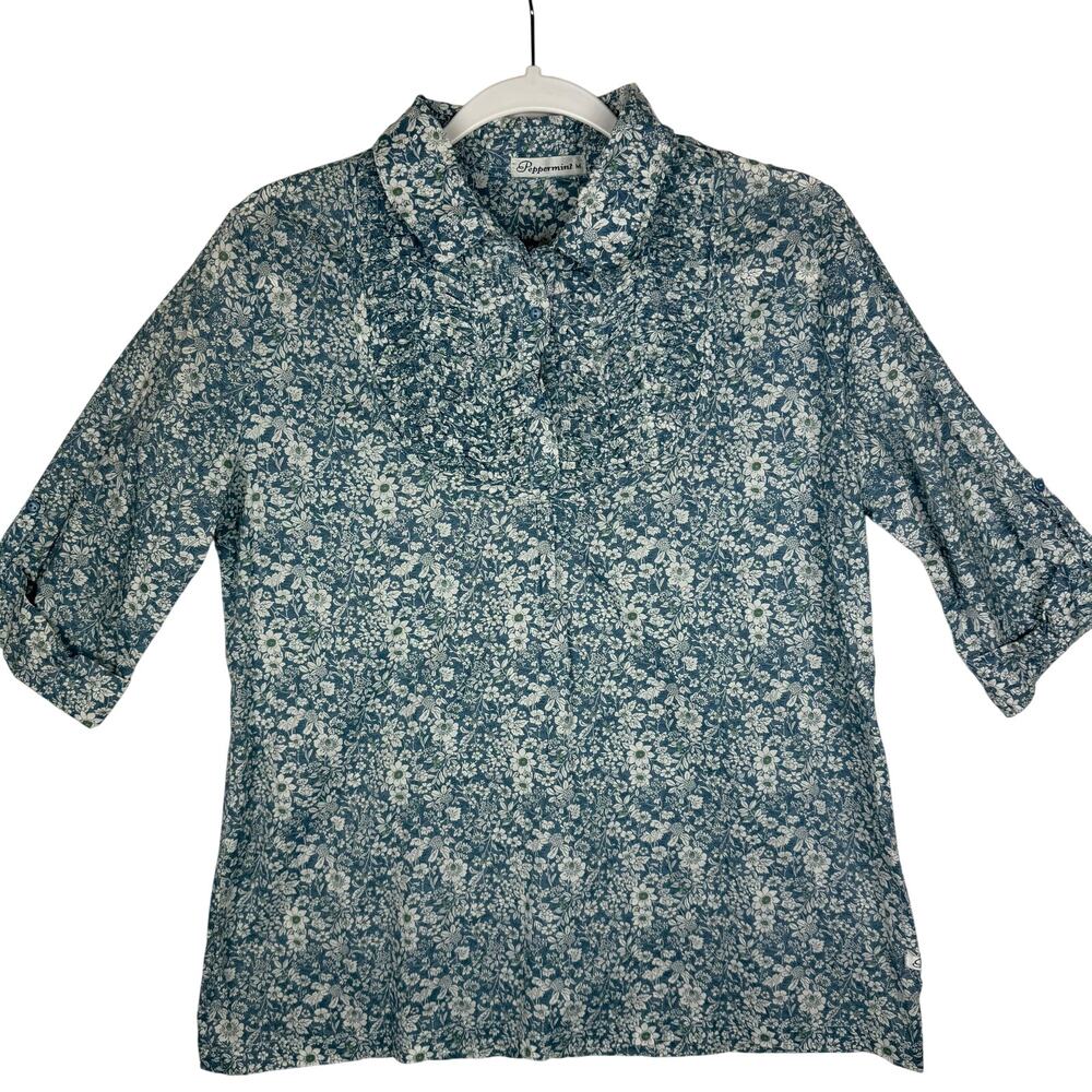 Peppermint Floral Tunic Top Button Blouse Womens Size M Blue Boho Cottagecore